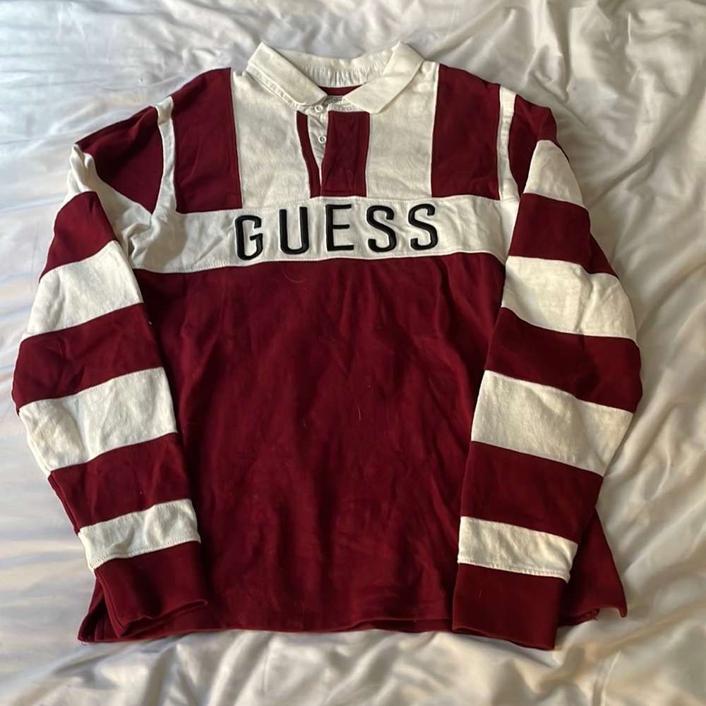 Vintage Maroon and White Striped Guess Rugby Shirt Size: Medium